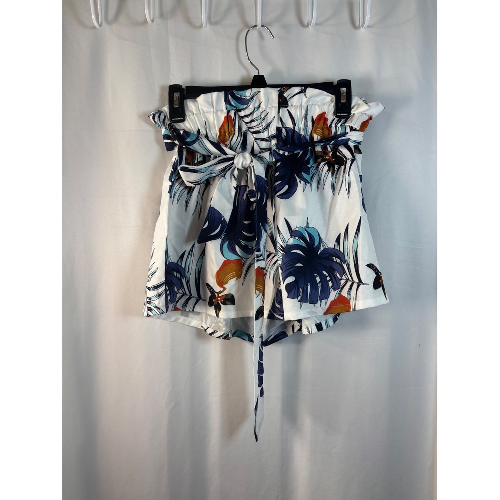 SHEIN Womens Tropical Palm Leaf Paperbag Waist Shorts Blue White Medium